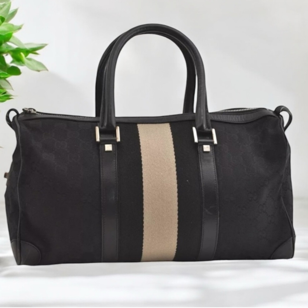 Auth Gucci handbag GG canvas Sherry line black white travel bag boston